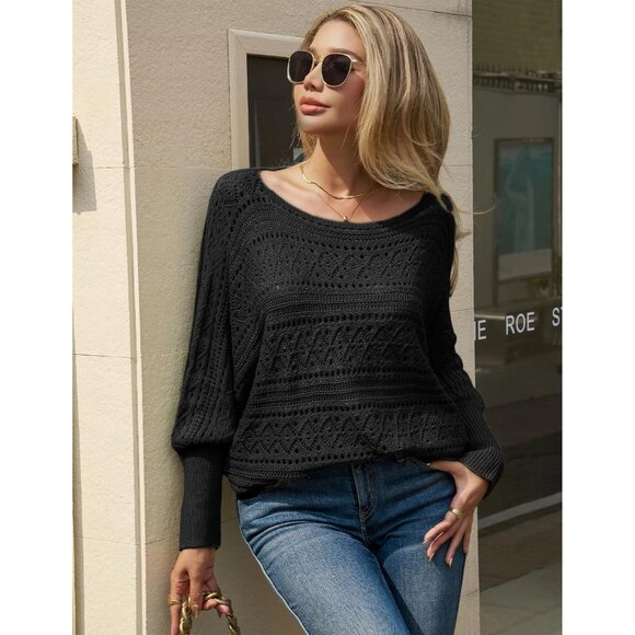 Women’s Black Off Shoulder Batwing Crochet Sweater Top, Fall Trendy - Picture 2 of 6